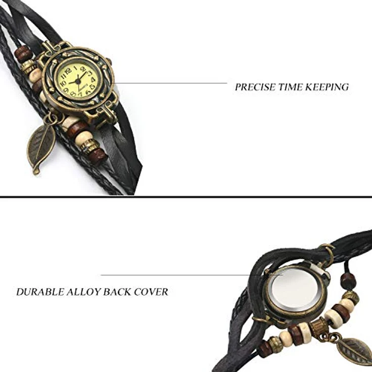 JewelryWe Damen Armbanduhr, Retro geflochtenes Lederarmband mit Baum Blatt Anhänger, Schwarz, Quarzwerk und antikem Metallgehäuse – Bild 3