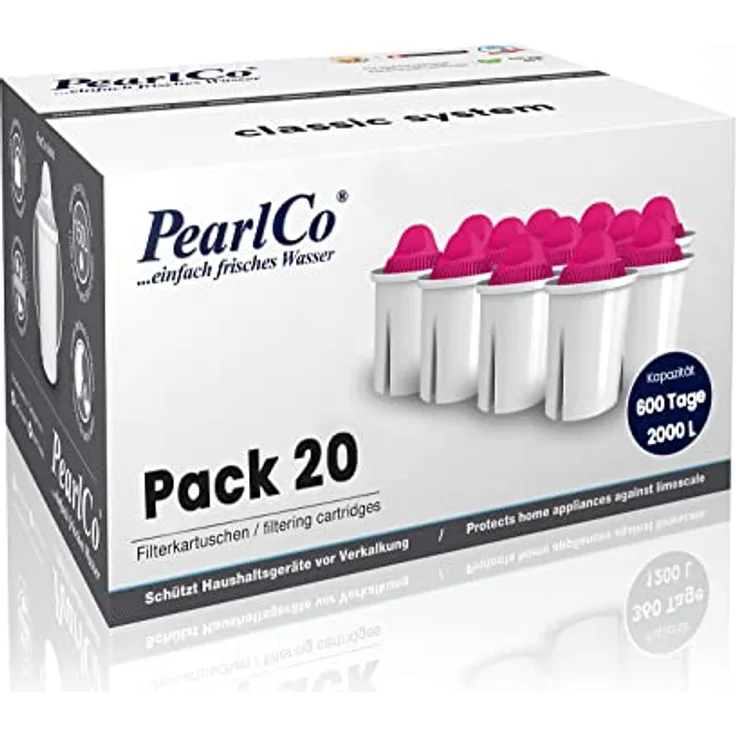 PearlCo AquaMag classic Pack 20 Filterkartuschen mit Magnesium, kompatibel mit Brita Classic, Aktivkohlefilter für Schwermetalle und Chlor, bis zu 100 Liter Trinkwasser pro Kartusche, europäische Produktion - transparent.