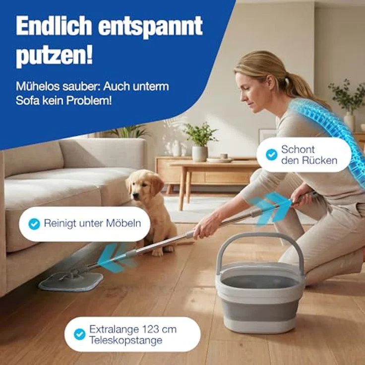 NTG Nutzfahrzeug Technik GmbH Wischmopp Set Roto-Mob mit Flex Eimer, 123 cm Teleskopstange & Mikrofaser-Pads, 2-Kammer-System für alle Bodenarten – Bild 4