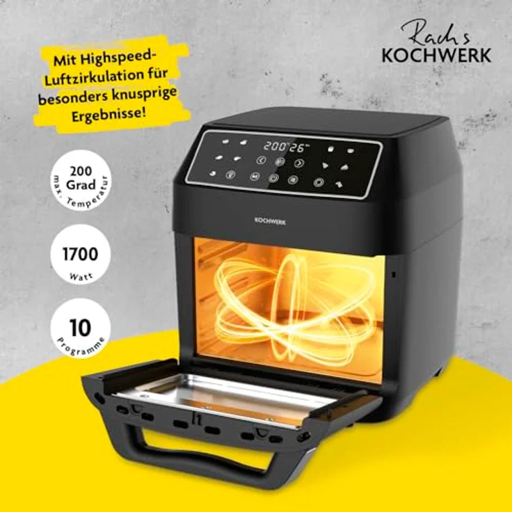 Rachs KOCHWERK Digitale Heißluftfritteuse 12 Liter mit XXL-Zubehörpaket | Ofen, Grill & Fritteuse mit Sichtfenster & Touchscreen | Airfryer ohne Öl | 10 Programme & Timerfunktion – Bild 2