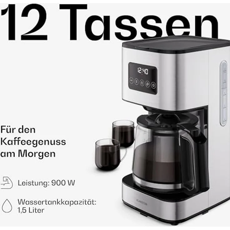 Klarstein Verosteel Filterkaffeemaschine Edelstahl, 1,5 L für bis zu 12 Tassen, LCD-Display, Warmhaltefunktion 40 min, Anti-Tropf-System, automatische Abschaltung – Bild 3