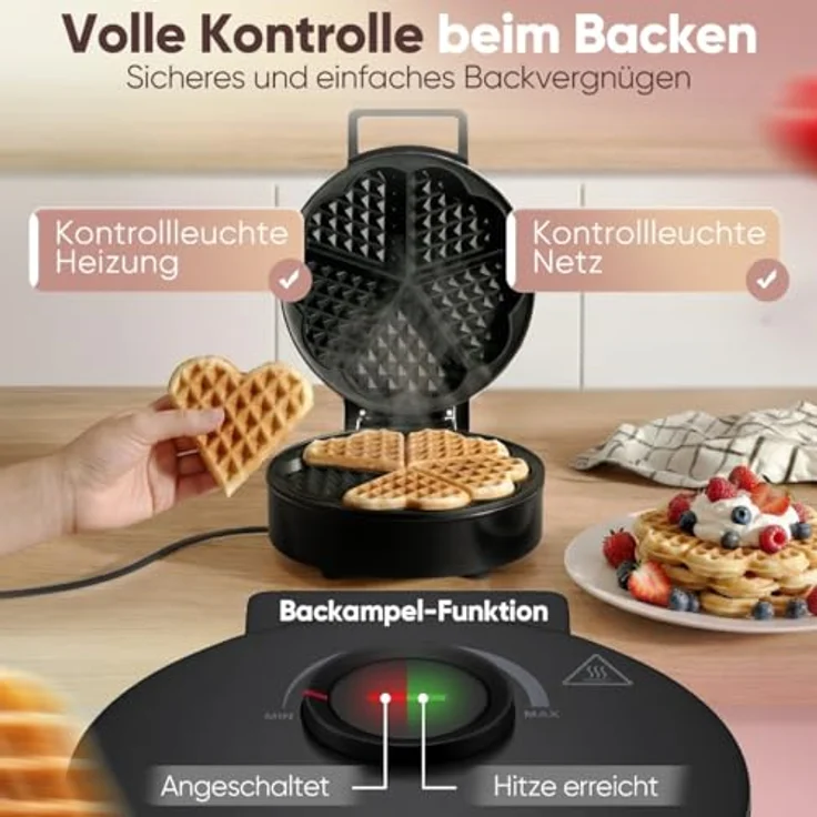 Clatronic WA 3832 Waffeleisen Herzform, 1200 W mit Antihaftbeschichtung und stufenlosem Bräunungsregler, schwarz – Bild 5