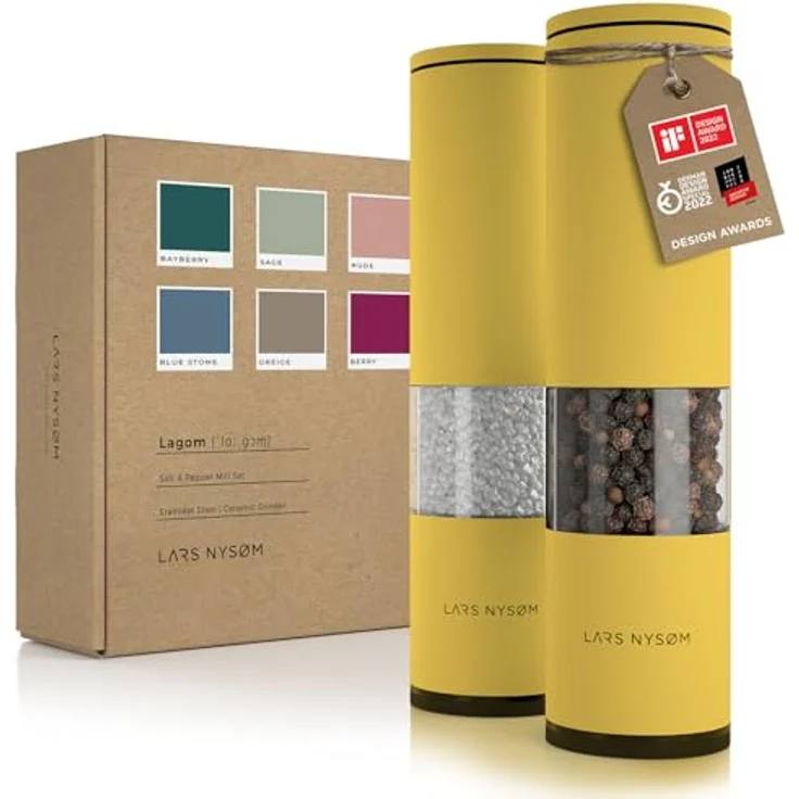 LARS NYSØM Salz und Pfeffer Mühle 2er Set Manuell mit einstellbarem Keramik-Mahlwerk von grob bis fein I Design Gewürzmühlenset (2 Stück) (Spicy Mustard) – Bild 1