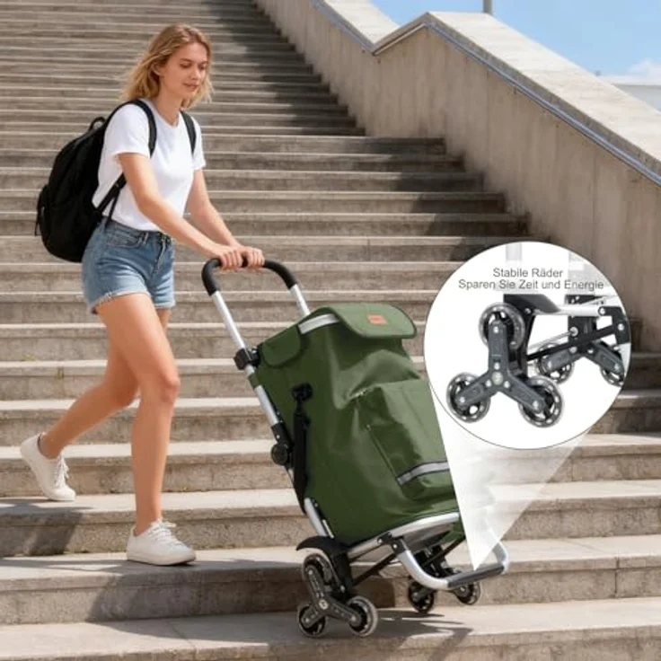 Sekey Einkaufstrolley Klappbarer Einkaufswagen 3-in-1 mit Kühlfach, Treppensteiger, 42 l, Dunkelgrün, inkl. Einkaufschip und Spanngurt – Bild 7