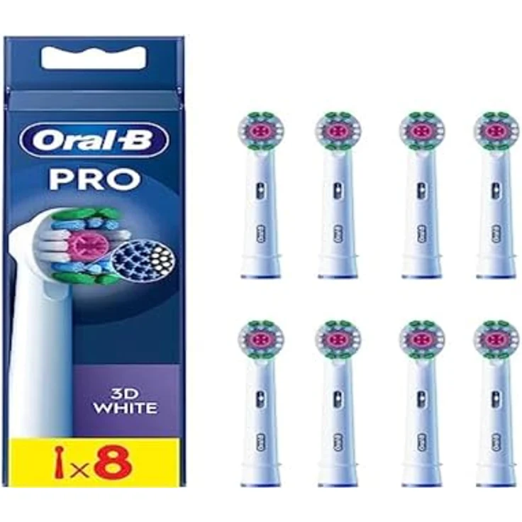 Oral-B Pro 3D White Elektrische Zahnbürstenköpfe, X-förmige Borsten und Einzigartiger Polierbecher, 8 Stück Zahnbürstenköpfe, Weiß – Bild 1