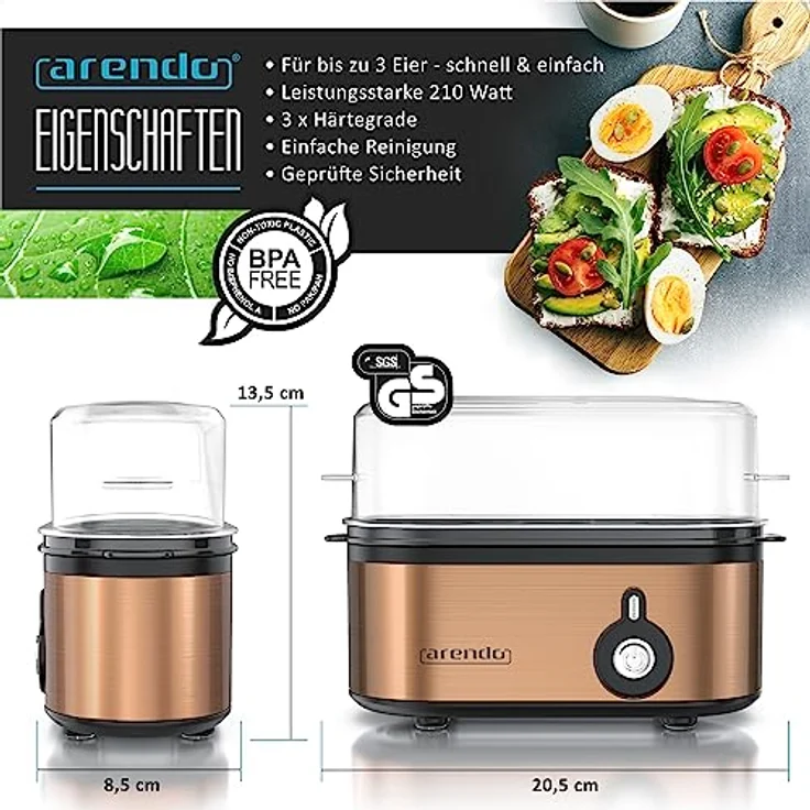 Arendo - Edelstahl Eierkocher Threecook - Egg Cooker - EIN AUS-Schalter - Wählbarer Härtegrad - 210 W - 1-3 Eier - GS - BPA-frei – Bild 2