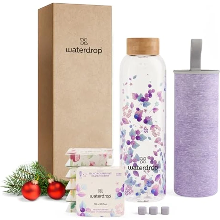 waterdrop® Weihnachts-Geschenk Set: Glasflasche mit 18 Microdrinks - 6 Sorten, 600ml Borosilikatglas, Trinkflasche Kohlensäure geeignet, Zuckerfreies Pulver, Geschenkset für Frauen & Männer – Bild 1