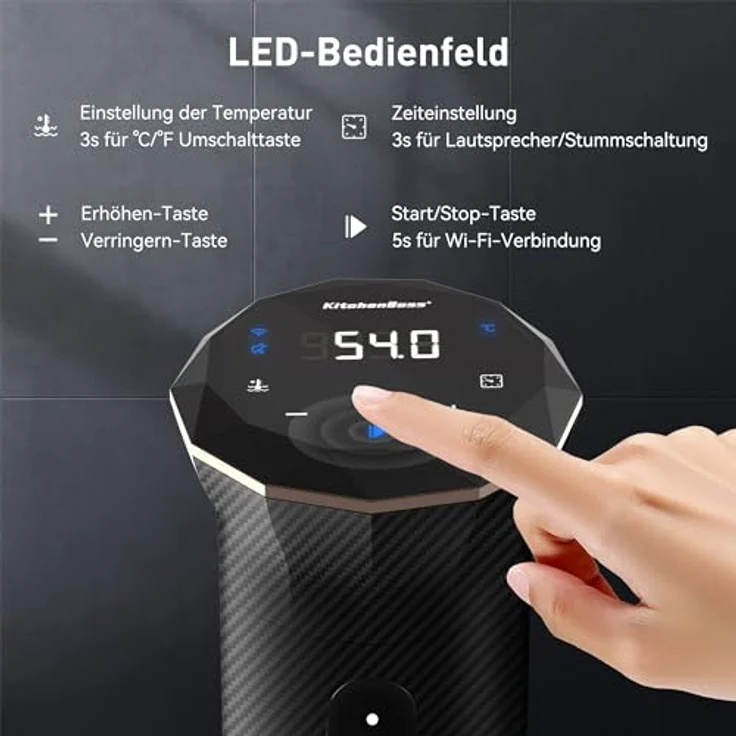 KitchenBoss Sous Vide Garer Stick WiFi, 1100W Präzisionskocher mit App-Steuerung, IPX7 wasserdicht, LED Touch Display, 40℃-90℃ Temperaturbereich – Bild 3