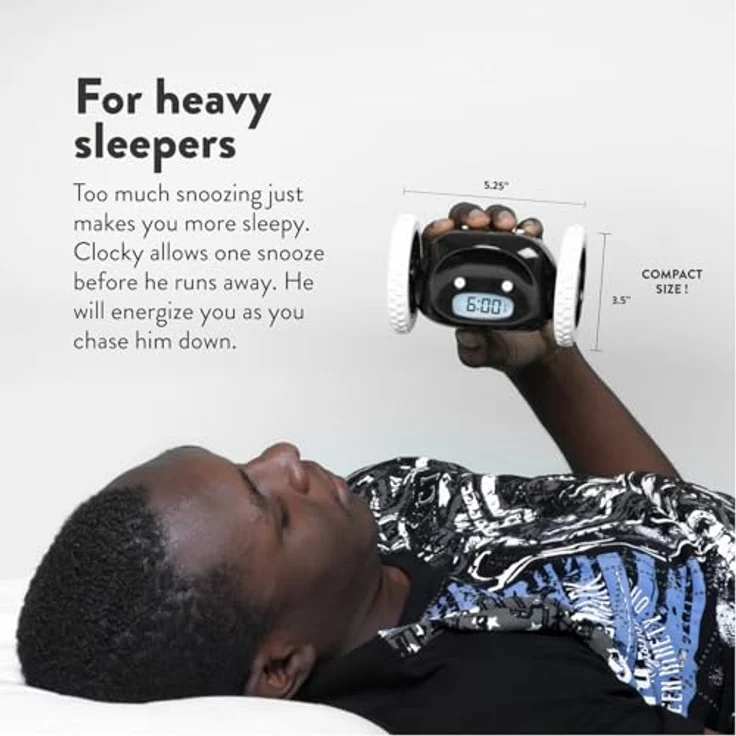 CLOCKY Funny Gift- Loud Alarm Clock on Wheels, Black, Run Away Moving Jump Roll Vibrating, 1-Time Snooze, Digital, Wake Up Energized – Bild 4