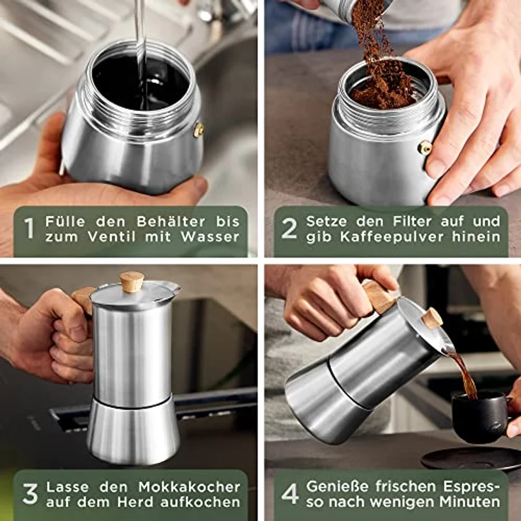 Waldwerk Espressokocher Edelstahl, 300 ml Kaffeekanne für Induktion und alle Herdarten, mit Eichenholzgriff und Messing-Sicherheitsventil – Bild 6
