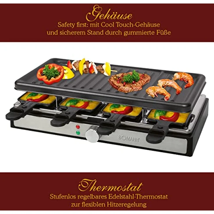 Bomann RG 6039 CB Raclette-Grill, Raclette für bis zu 8 Personen, zum Grillen und Überbacken, mit großer antihaftbeschichteter Grillplatte (42 x 21 cm ) und 8 Pfännchen + Holzspachtel, 1400 Watt – Bild 2
