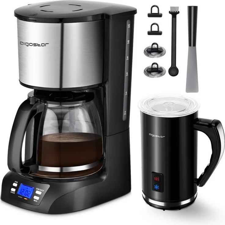 Aigostar Filterkaffeemaschine 1,5L mit programmierbarem Timer, Milchaufschäumer 500W, 24H Timer, 40 Mins Warmhaltefunktion, Edelstahl-Design, Tropf-Stopp