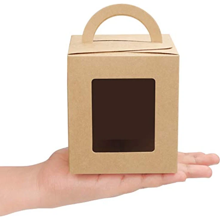 BELLE VOUS Gebäckdose aus Kraftpapier, braun, mit Fenster und Griff (50 Stück) – 9,39 x 9,39 x 10,66 cm – transparente und Einweg-Kuchenbox – Kekse, Cupcakes, Desserts und Torten – Bild 3