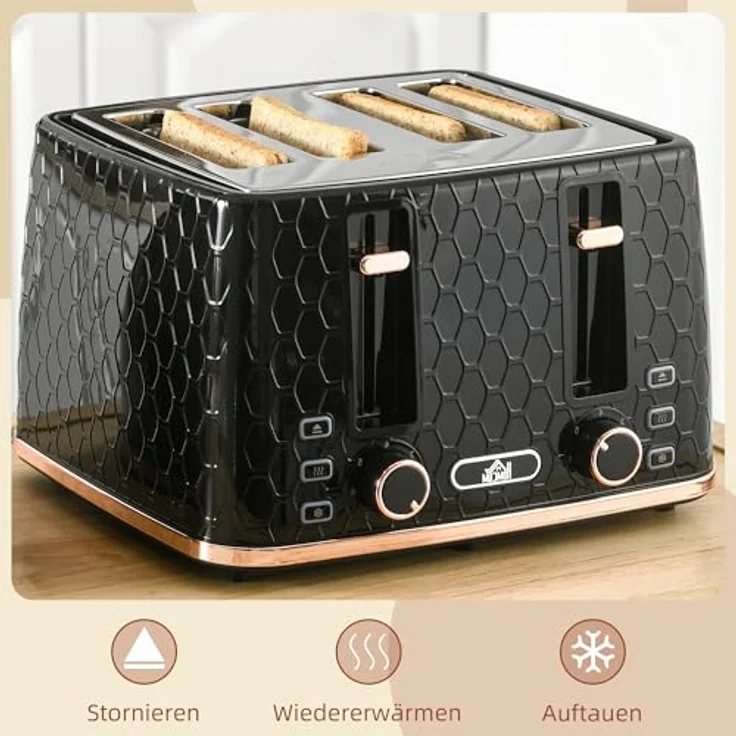 HOMCOM Toaster 4 Scheiben, Schwarz mit 7 Bräunungsstufen, Auftaufunktion und Aufwärmfunktion – Bild 3