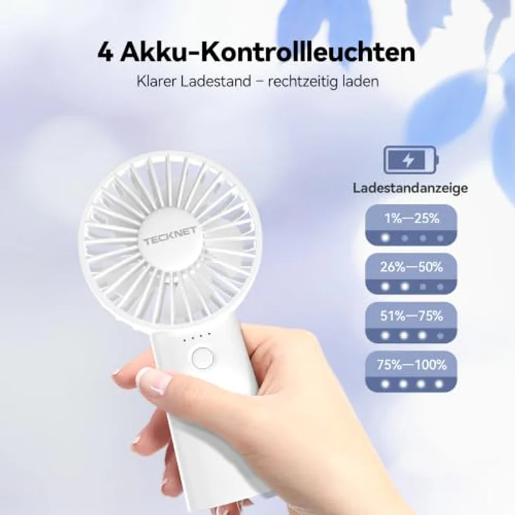 TECKNET Handventilator Tragbar, Mini 5000mAh Akku mit 5 Geschwindigkeiten und LED-Akkuanzeige, Weiß – Bild 2