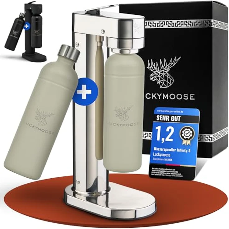 Luckymoose Infinity-S Wassersprudler aus Edelstahl (Silver/Sand) – 2x 1,25L spülmaschinengeeignete Edelstahlflaschen – herausnehmbare Düse, CO2-Regulierung – Bild 1