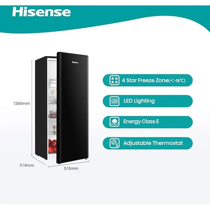 Hisense RR220D4BBE - Kühlschrank mit einer Tür, Freeze Zone Gefrierschrank, 165 l Fassungsvermögen, 128 cm hoch, Class E, Weinregal, Cycle Defrost (zyklisch), Obst- und Gemüseschublade, Schwarz – Bild 2