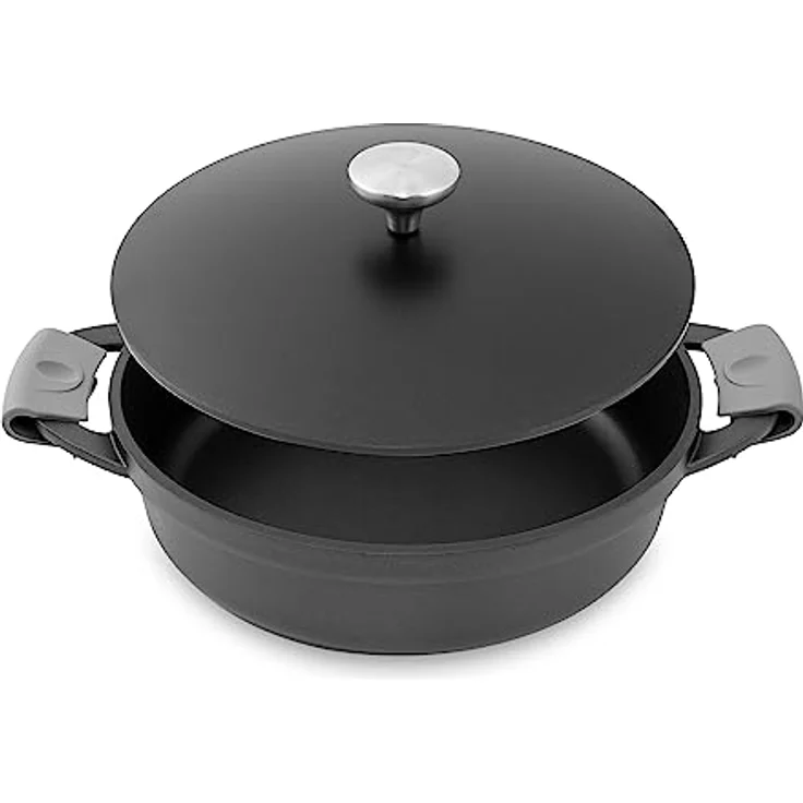 Kopf Schmorpfanne Aluguss Atavola Ø 28 cm mit ILAG Basic Antihaftbeschichtung, Induktion Servierpfanne inkl. Griffschutz aus Silikon und Deckel, backofenfest, Höhe 8 cm, schwarz – Bild 2