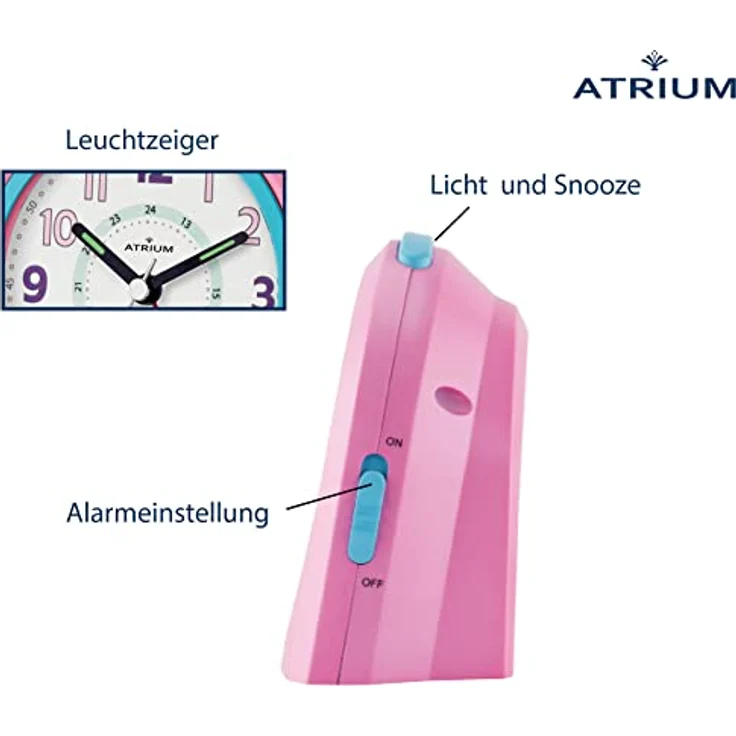 Atrium Kinder Wecker Analog Quarz mit Licht und Snooze, Rosa Türkis, 4-stufig ansteigendes Wecksignal, LED-Nachtlicht, 10x10x5 cm – Bild 2