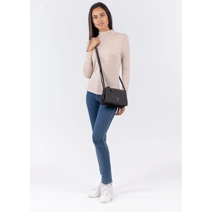 SURI FREY Umhängetasche SFY Romy, für Damen in Uni-Design mit Lasercut-Optik, Feinsynthetik, PETA-Approved Vegan, samtige Haptik, Quaste, 21 x 17 x 8 cm, schwarz – Bild 2