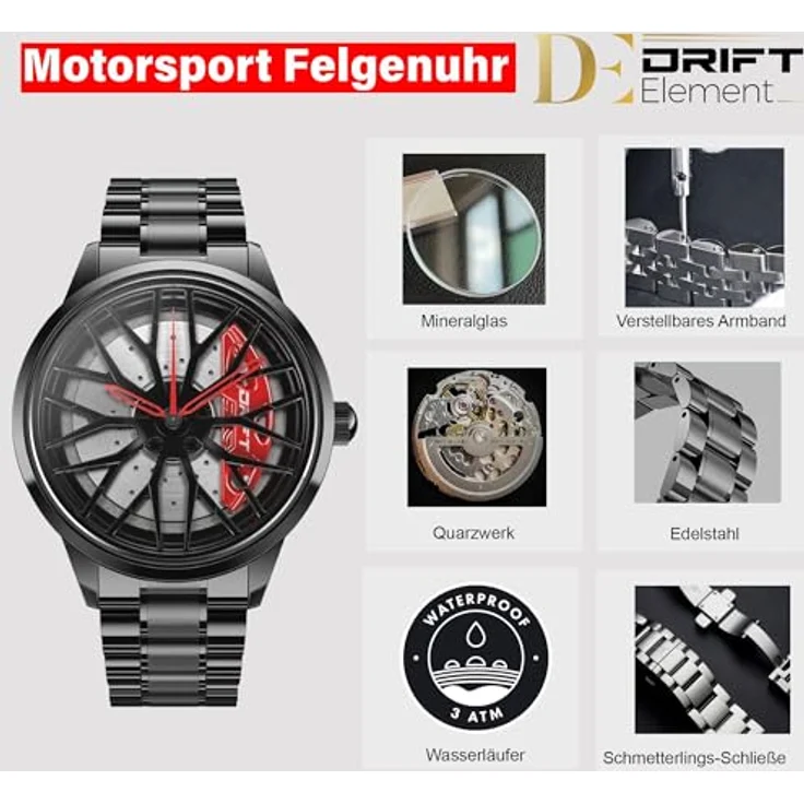 DriftElement Motorsport Felgenuhr Herren - Custom Designer Uhr im 3D Design der Sternspeichen M8 Felge aus Edelstahl, Mineralglas (Rot) – Bild 4