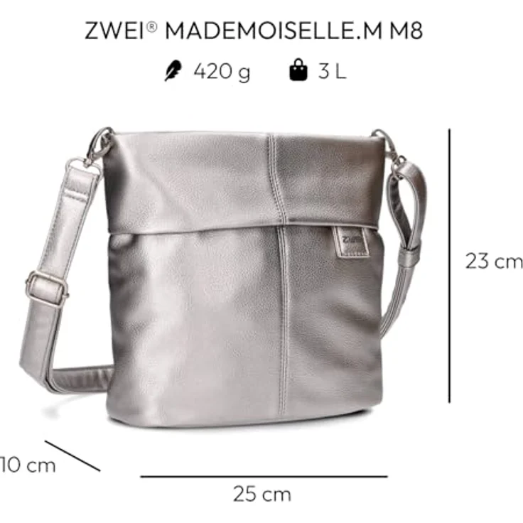 ZWEI Mademoiselle M8 Beuteltasche, Umhängetasche aus pflegeleichtem Kunstleder, Silber, 25 x 10 x 23 cm – Bild 2