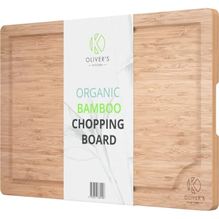 Oliver's Kitchen 's Premium Schneidebrett aus 100% Bio-Bambus – extra groß (45 x 30 x 2 cm) Holzschneidebrett – stark, langlebig und strapazierfähig – leicht zu reinigen mit Tropfrille