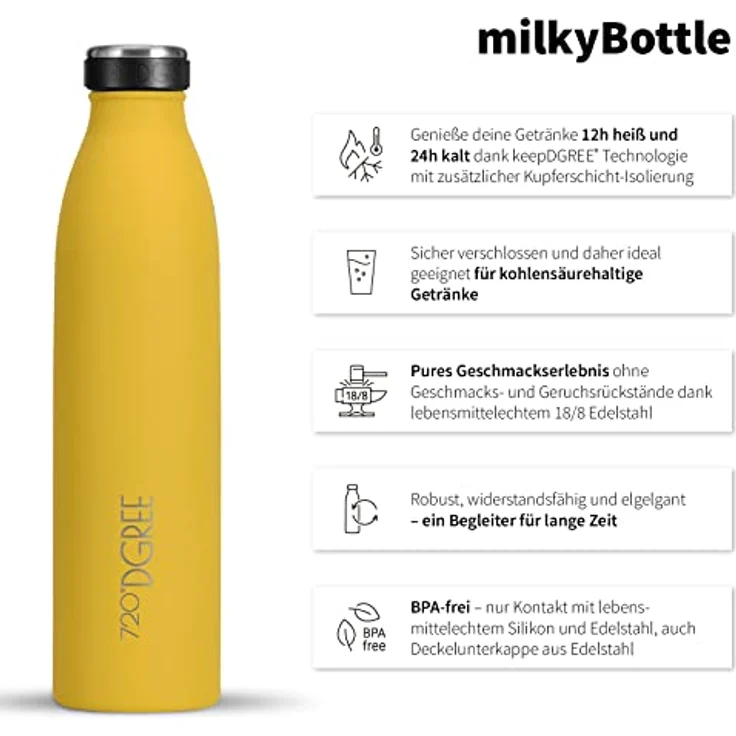 720°DGREE Edelstahl Trinkflasche “milkyBottle” - 1L, BPA-frei, auslaufsicher, kohlensäuregeeignet, für Sport und Outdoor, silber – Bild 2