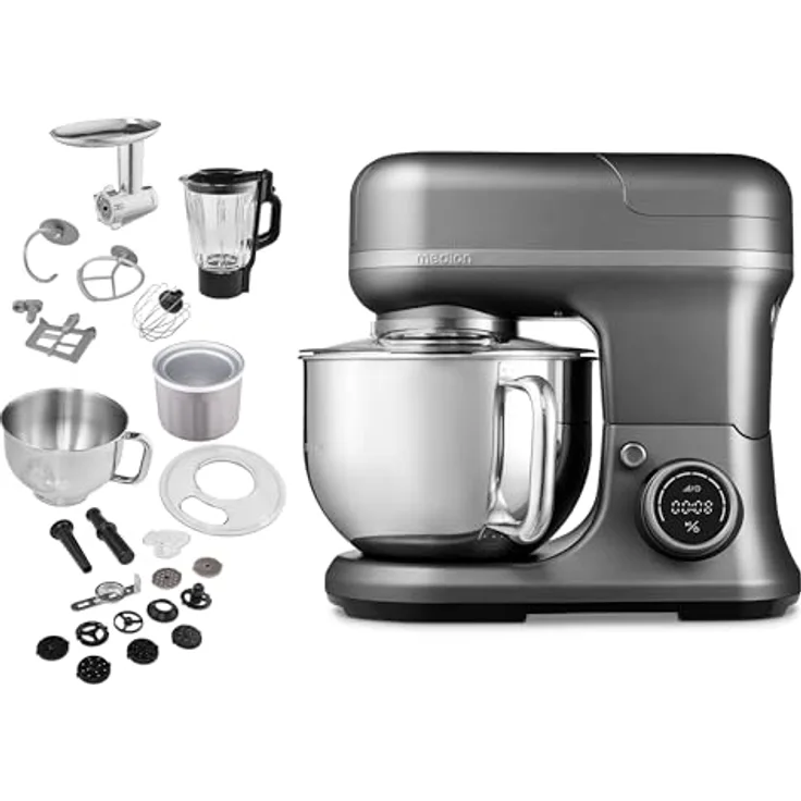 MEDION 4 in 1 Universal Küchenmaschine (1.200 Watt, 8 Stufen, Mischen Kneten Rühren Mixen Fleischwolf, Eisschüssel für Zubereitung von Eis, digitales Display, MD18440) Titan