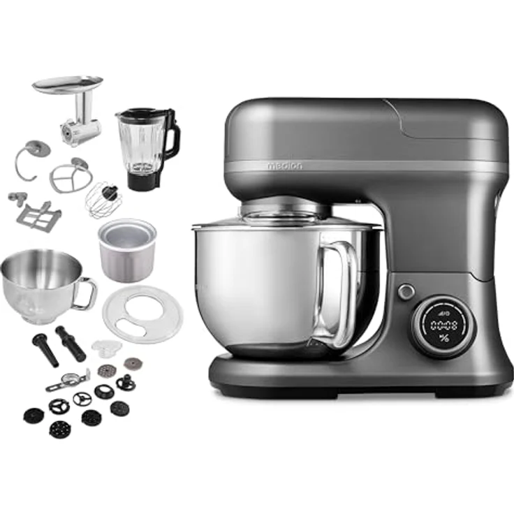 MEDION 4 in 1 Universal Küchenmaschine (1.200 Watt, 8 Stufen, Mischen Kneten Rühren Mixen Fleischwolf, Eisschüssel für Zubereitung von Eis, digitales Display, MD18440) Titan – Bild 1