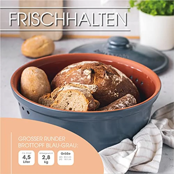 Römertopf Brottopf aus natürlicher Keramik, ideal für die Aufbewahrung von Brot Ø 30,0cm – Bild 5