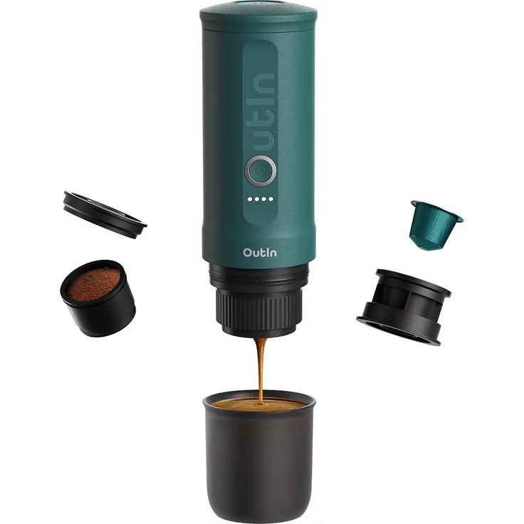 OUTIN Reisekaffeemaschine Nano, tragbarer Espresso-Automat in Blaugrün, 20-bar Pumpe, 7500mAh Akku, 2-in-1 für gemahlenen Kaffee und Kapseln