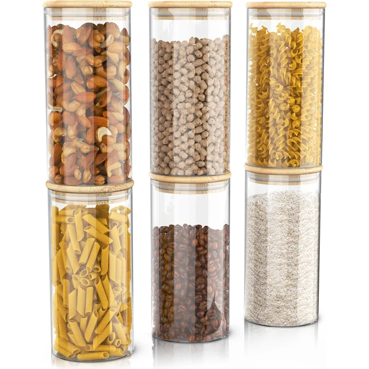Arendo Vorratsgläser 6er Set, 2,2 L Borosilikatglas mit Bambusdeckel, luftdicht und mikrowellengeeignet, hitzebeständig, langlebig
