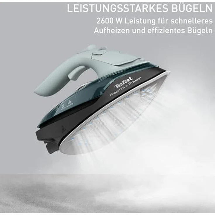 Tefal Freemove Power FV6670E0, kabelloses Dampfbügeleisen mit 2600 Watt, 40 g/Min. Dampfmenge, 220 g/Min. Dampfstoß, 250 ml Wassertank, Auto-Off und kratzfester Keramik-Bügelsohle, Eukalyptus – Bild 3