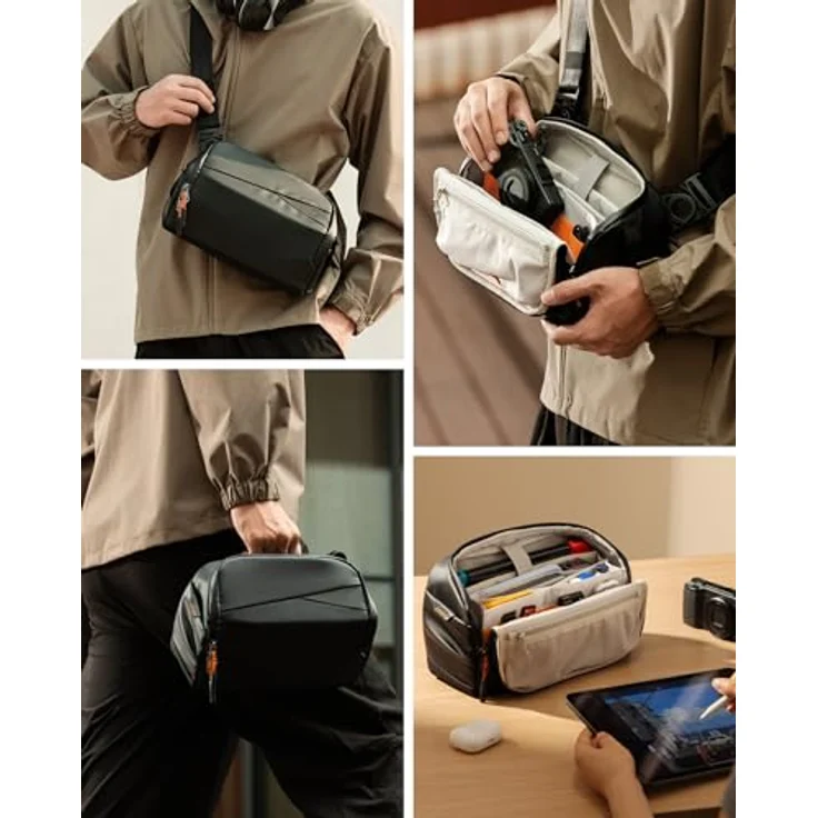 Inateck Crossbody Organizer Bag, spritzwassergeschützte Umhängetasche mit 135° Öffnungsdesign, schwarz – Bild 8