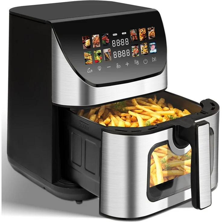 WHEELYOU Heißluftfritteuse XXL Airfryer 9L, 1800 W mit LED-Farbdisplay, Touchscreen und Sichtfenster, einfache Reinigung
