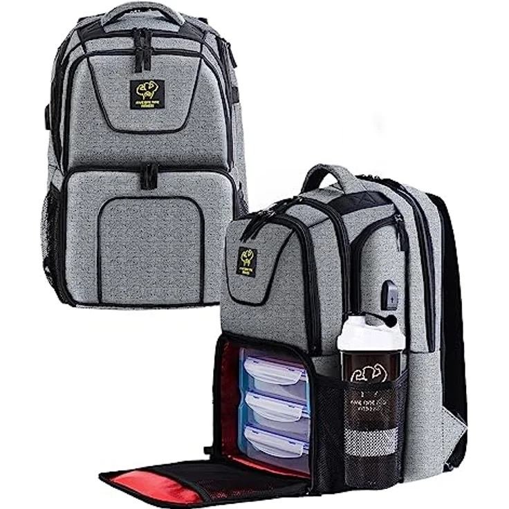 UPGRADED 519 Fitness Meal Prep Rucksack, isoliert, wasserdicht, Kühler, Lunch-Rucksack, Wanderrucksack für Herren und Damen, Picknick-Kühler Rucksack mit 3 Mahlzeit-Behältern und 2 Kühlakkus Large grau – Bild 2