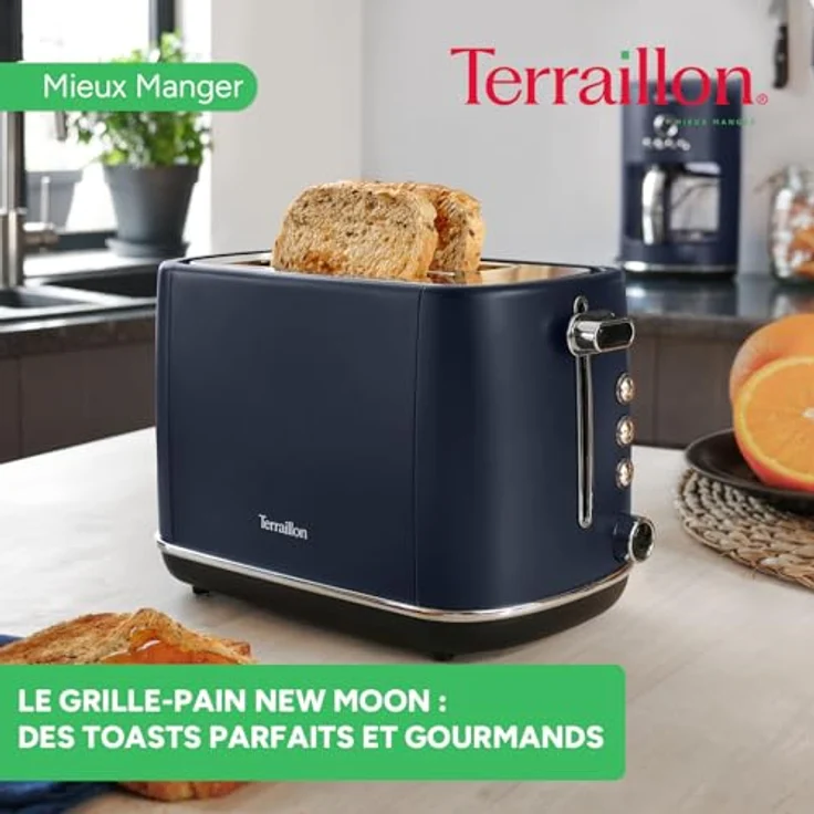 TERRAILLON New Moon Toaster, 2 Schlitze, 1050 W, 6 Leistungsstufen, Auftauen, Aufwärmen, blaue Lackierung aus Edelstahl, mit Krümelschublade – Bild 2