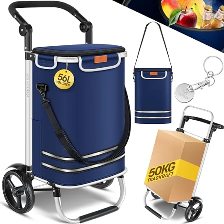 KESSER® Einkaufstrolley klappbar mit 56L Kapazität und belastbar bis 50kg | 3in1 Trolley Sackkarre & Umhängetasche | Faltbarer Einkaufswagen inkl. Kühlfach & Einkaufschip | Treppensteiger Navyblau – Bild 1