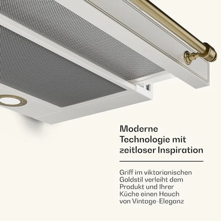 Klarstein Victoria Dunstabzugshaube, 60cm Unterbauhaube Retro, 358 m³/h, LED, ausziehbar, 2 Leistungsstufen, Aluminium- & Aktivkohlefilter, leise, Sahne – Bild 6