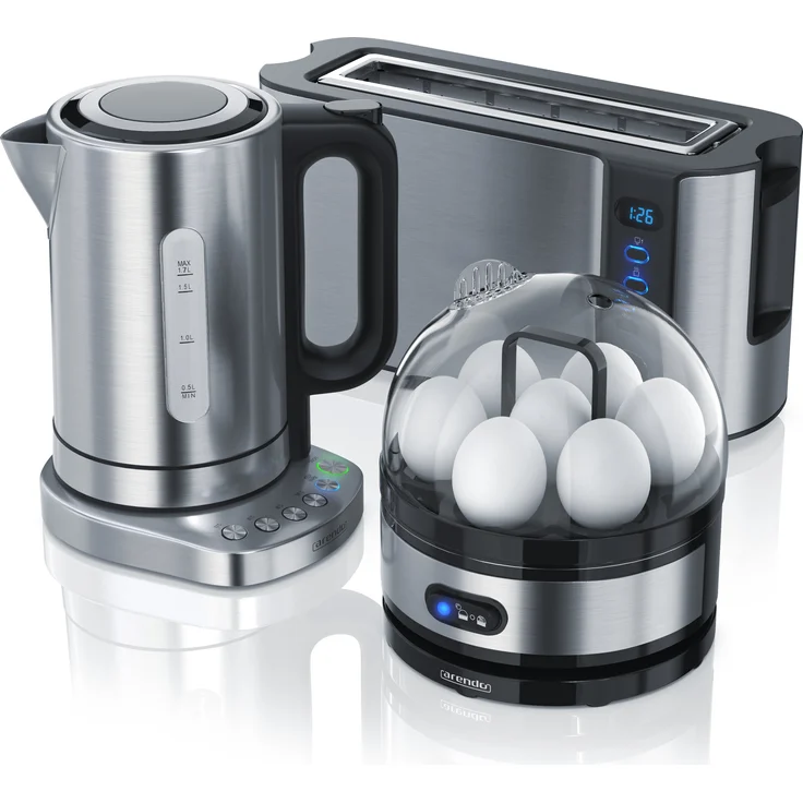 Arendo Frühstücks Set in Edelstahl Optik - Wasserkocher / Toaster / Eierkocher, Turbo-Wasserkocher, Langschlitztoaster und 7-fach Eierkocher