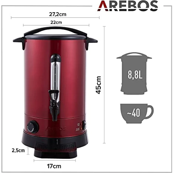 Arebos Einkoch- und Glühweinautomat AR-HE-GKE88R, 8,8 L, Edelstahl, mit Überhitzungsschutz und Temperatureinstellung 30-110°C, 950 W – Bild 7