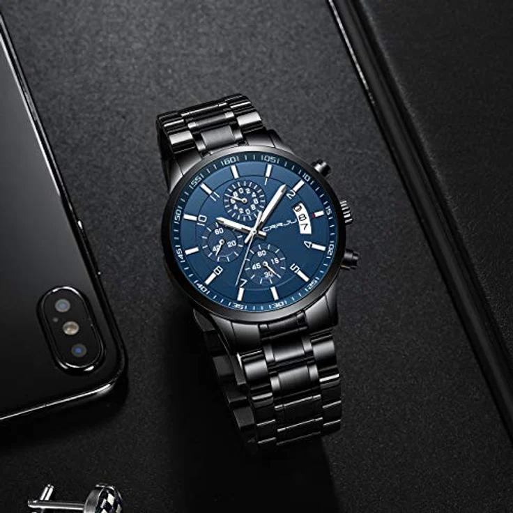 CRRJU Herren Chronograph Armbanduhr, wasserdicht, Edelstahlarmband, analog, Quarzwerk mit Kalender, Schwarz Blau Silber – Bild 5