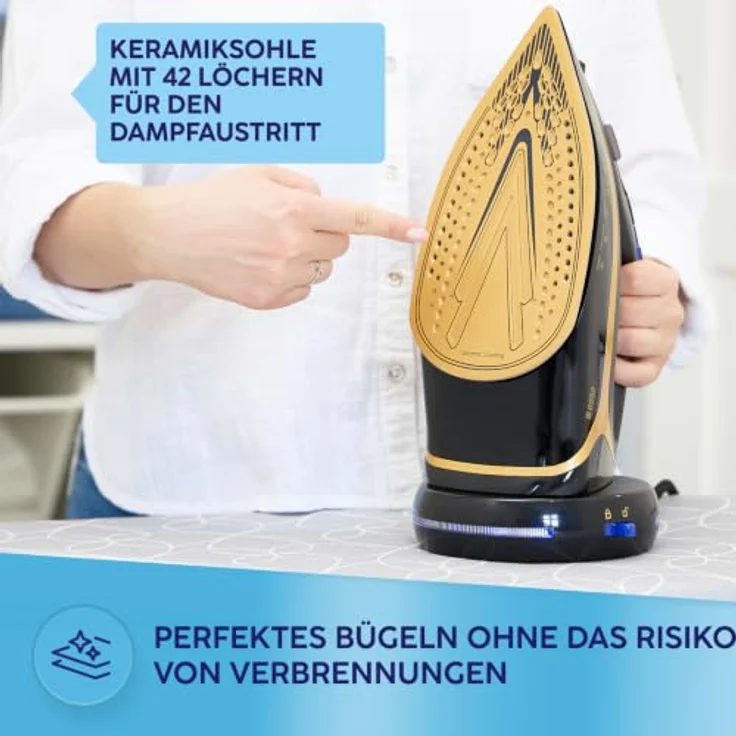 MPM MZE-26 Kabelloses Dampfbügeleisen 2600W mit Keramiksohle, 42 Dampfdüsen, Anti-Drip, Anti-Calc, Self-Clean, 300ml Wassertank, Temperaturregelung, Schwarz/Gold – Bild 7