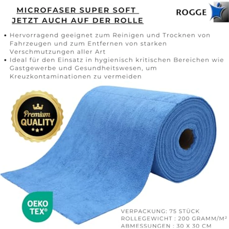 ROGGE Easy CLEAN Mikrofaser Rolle, 75x Reinigungstücher, 30 x 30 cm, 200 Gr/m², blau, supersoft für Küche, Bad, Auto und Werkstatt – Bild 3