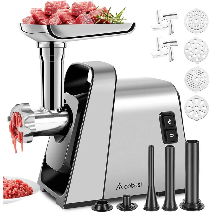 AMZCHEF Fleischwolf MGG-10OT0-SV, 3000 W, 120.000 Schnitte/Min, mit 2 Schneidmessern und 3 Klingen, Edelstahl