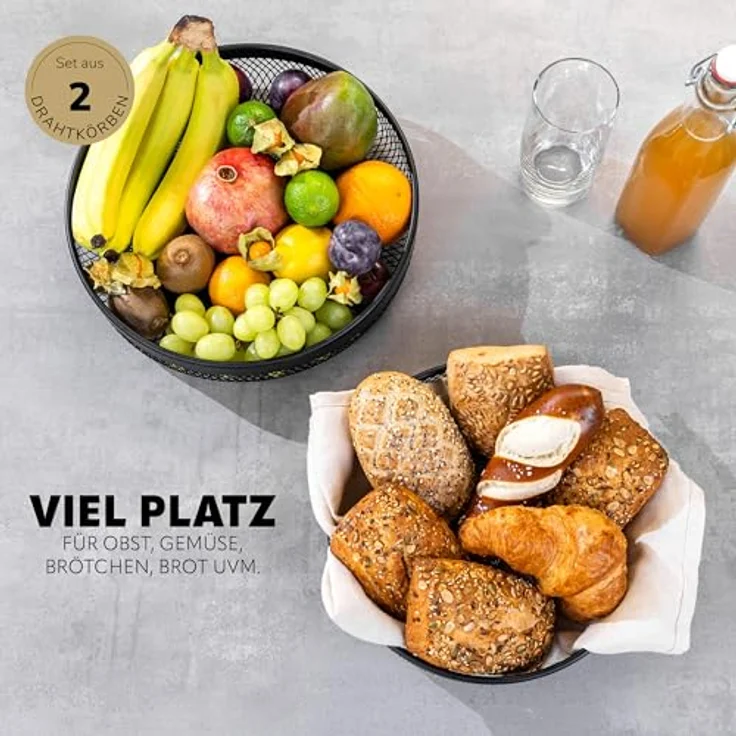 eluno Obstkorb - Brotkorb 2er Set, Moderne runde Obstschalen aus schwarzem Metall, Luftzirkulation für längere Frische – Bild 2