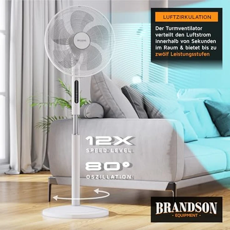 Brandson DC Standventilator ECO, energiesparend mit leisen Brushless Motor, 12 Geschwindigkeitsstufen, Fernbedienung, 80° Oszillation, Timer-Funktion, Preisträger 2026 – Bild 5