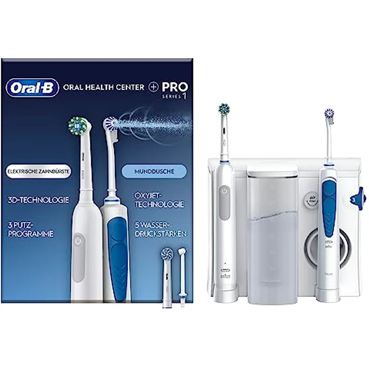 Oral-B Pro 1 Elektrische Zahnbürste mit OxyJet Munddusche, 2 Aufsteckbürsten, 2 Ersatzdüsen, Set für Zahnreinigung und Zahnpflege, Geschenk Mann/Frau, Designed by Braun, weiß/blau