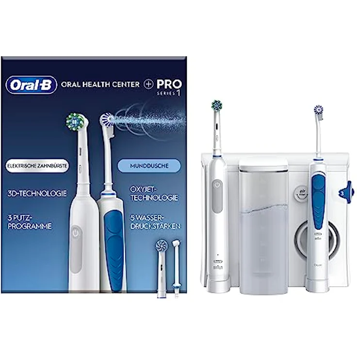 Oral-B Pro 1 Elektrische Zahnbürste mit OxyJet Munddusche, 2 Aufsteckbürsten, 2 Ersatzdüsen, Set für Zahnreinigung und Zahnpflege, Geschenk Mann/Frau, Designed by Braun, weiß/blau – Bild 1